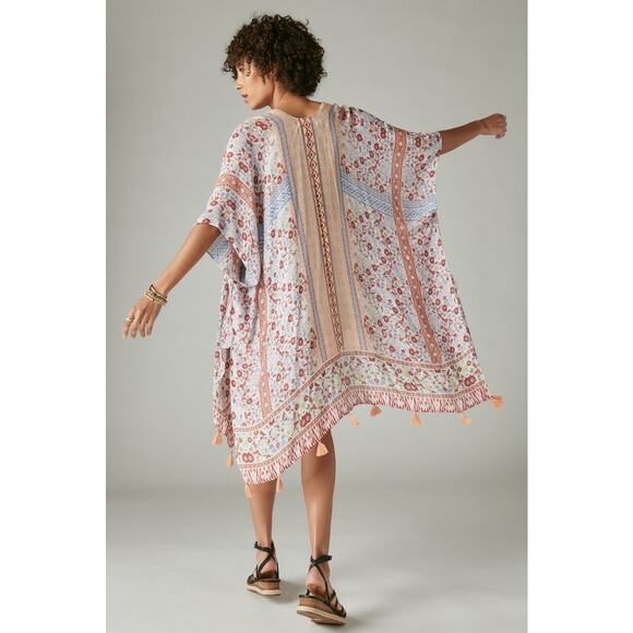 Lucky Brand Womens Kimono One Size Peach Multi Boho Print Beach Coverup Fringe - Picture 1 of 11